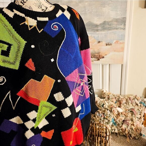 Vtg I.B Diffusion Sweater 90's Bold Retro Geometric Print Embellished Rhinestone - Picture 4 of 15